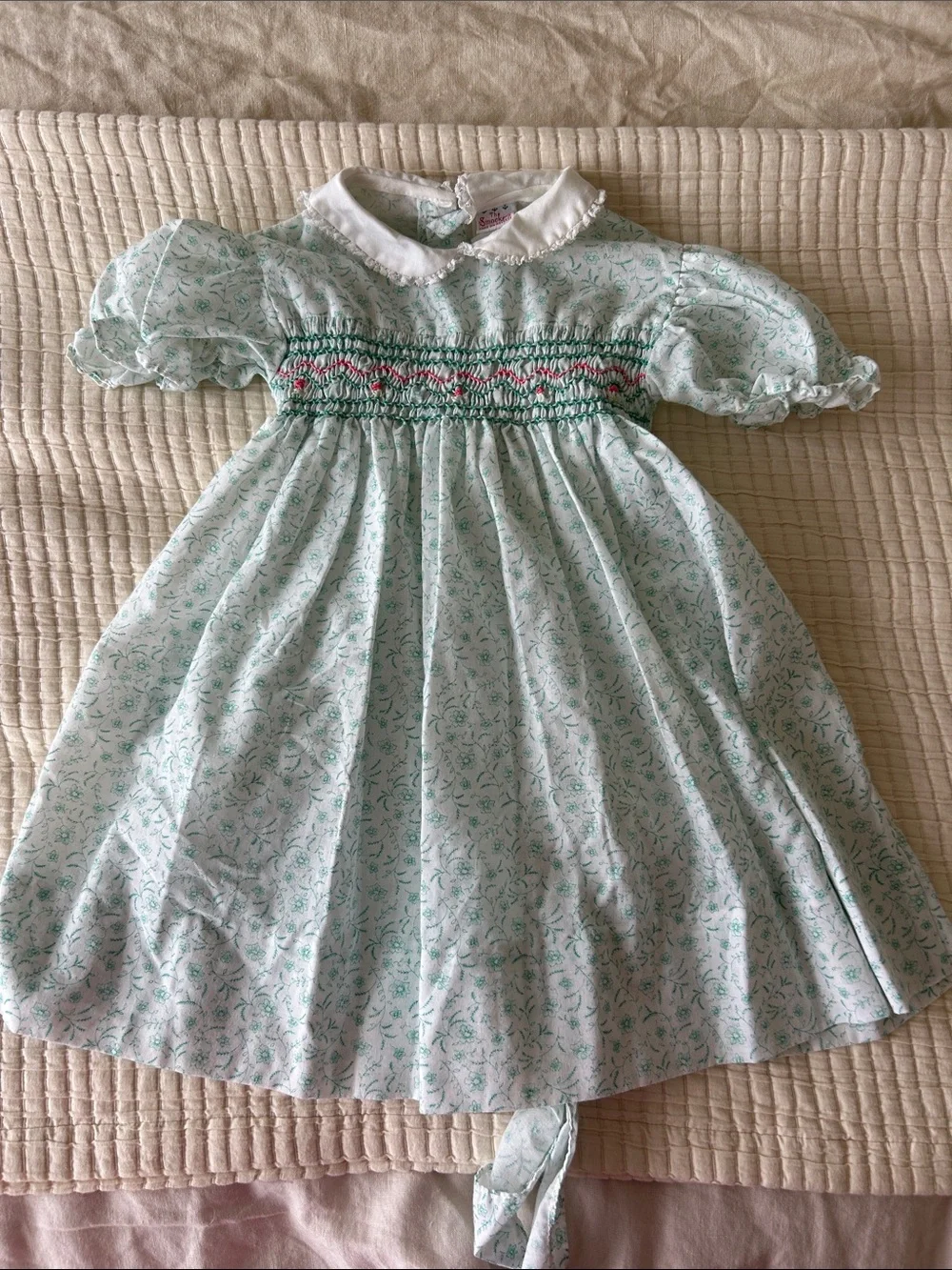 Vintage Smocked Light Mint Floral Kids Dress with Peter Pan Collar